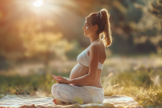 Safe pregnancy exercises: Pregnant woman practicing prenatal yoga for relaxation and flexibility.