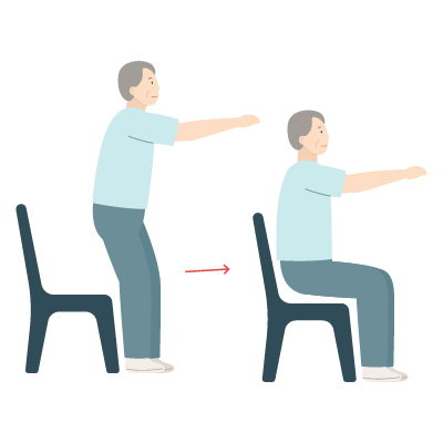 Mobility exercises for seniors: A senior performs chair squats to build leg strength and improve balance.