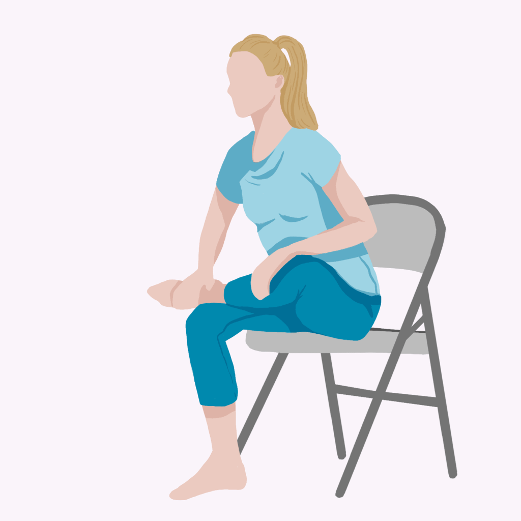 Mobility exercises for seniors: A senior engages in a seated figure four stretch to loosen tight hip muscles and enhance flexibility.